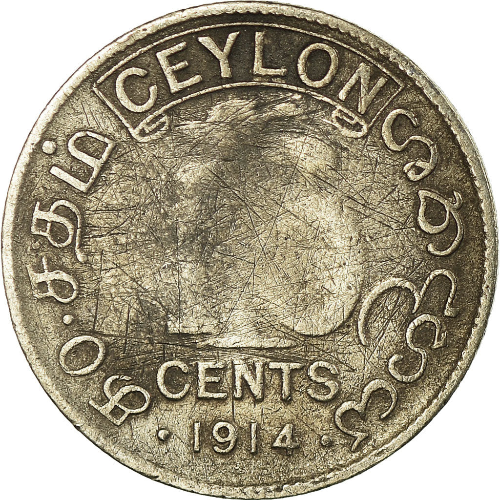 Coin, Ceylon, George V, 10 Cents, 1914, F(12-15), Silver, KM:104