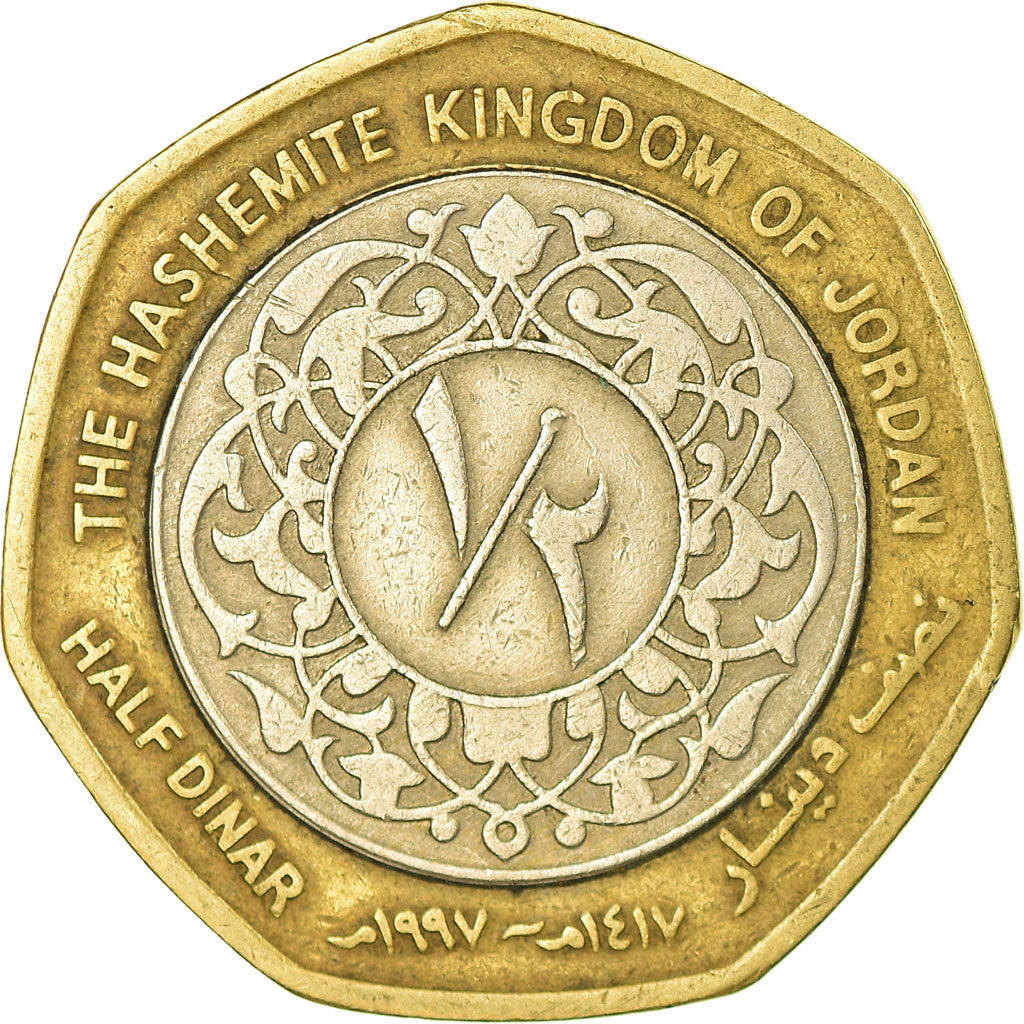 Munten, Jordanië, Hussein, 1/2 Dinar, 1997/AH1417, FR+, Bi-Metallic, KM:63