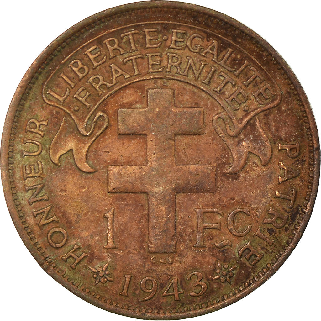 Coin, French Equatorial Africa, Franc, 1943, Pretoria, VF(30-35), Bronze, KM:2a