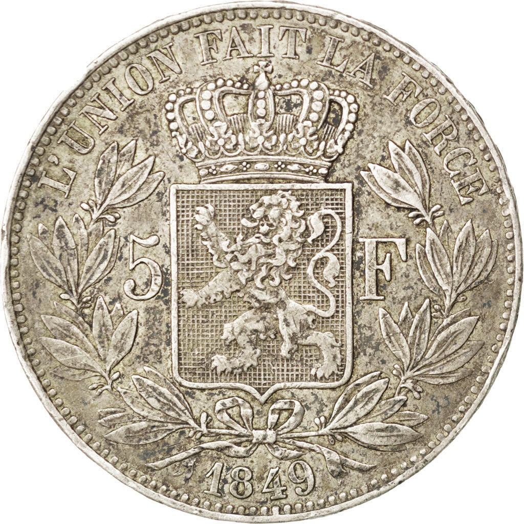 BELGIUM, 5 Francs, 5 Frank, 1849, KM #17, EF(40-45), Silver, 24.81