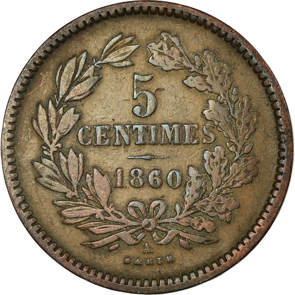 Moneta, Luksemburg, William III, 5 Centimes, 1860, Paris, EF(40-45), Bronze