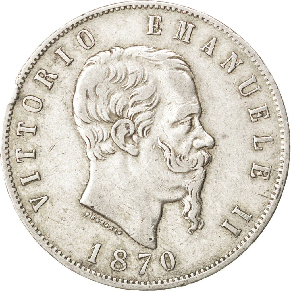 ITALY, 5 Lire, 1870, Milan, KM #8.3, EF(40-45), Silver, 24.94