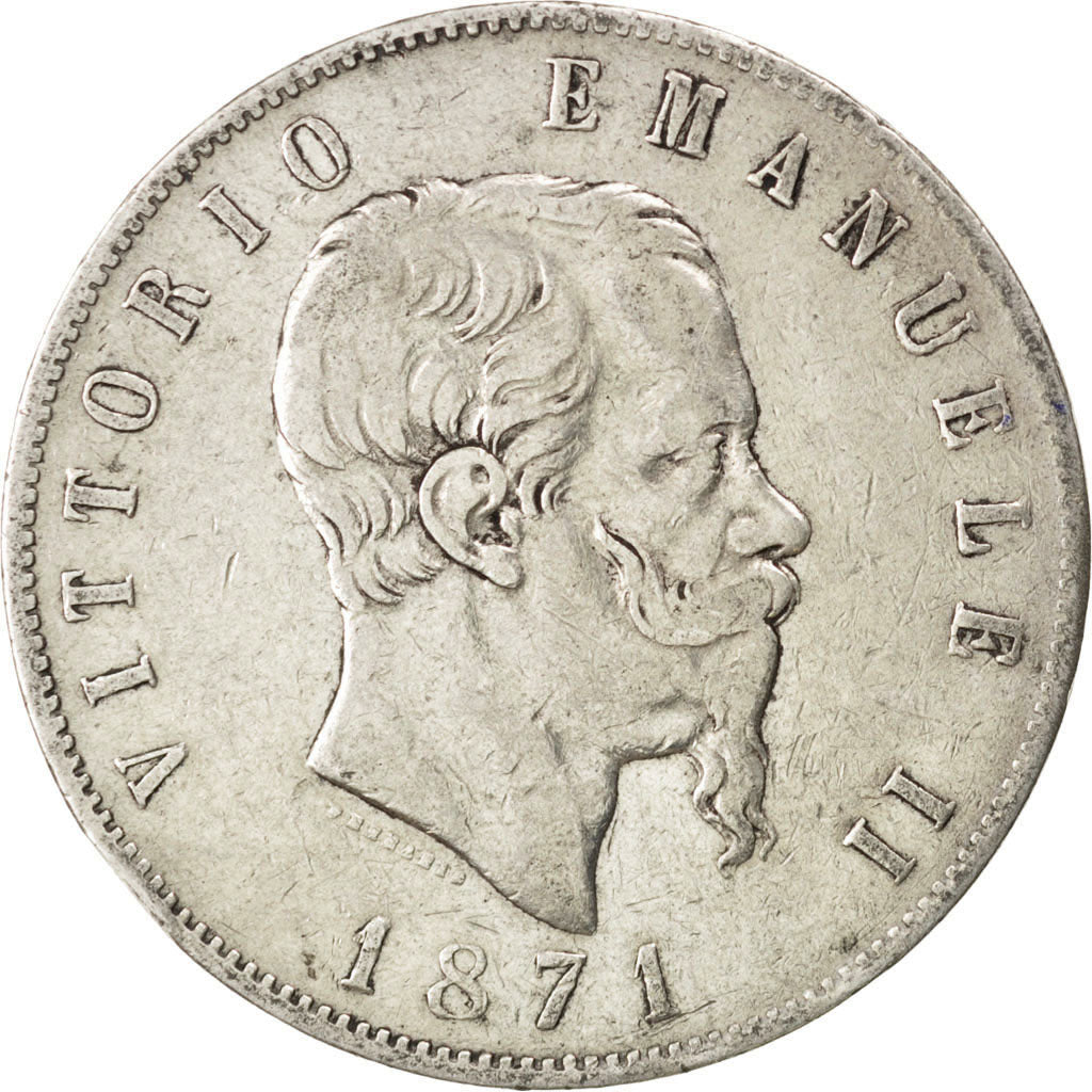 Coin, Italy, Vittorio Emanuele II, 5 Lire, 1871, Milan, VF(30-35), Silver