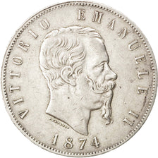 ITALY, 5 Lire, 1874, Milan, KM #8.3, VF(30-35), Silver, 24.94