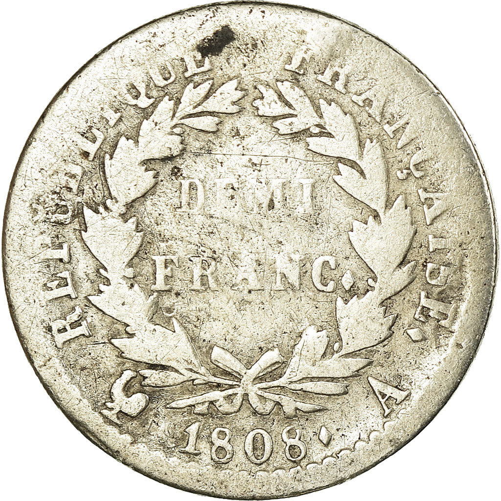 Moeda, França, Napoléon I, 1/2 Franc, 1808, Paris, F(12-15), Prata, KM:680.1