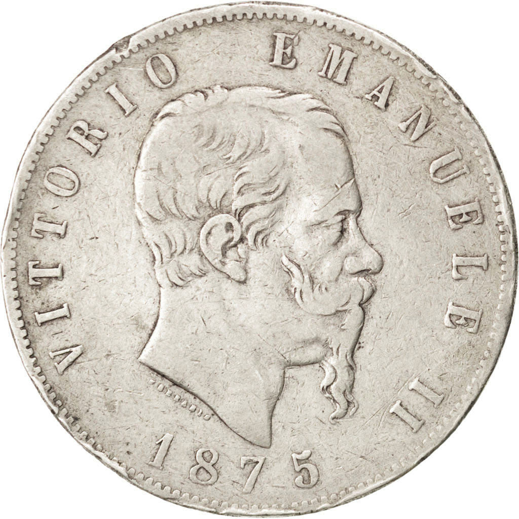 ITALY, 5 Lire, 1875, Milan, KM #8.3, VF(20-25), Silver, 24.77