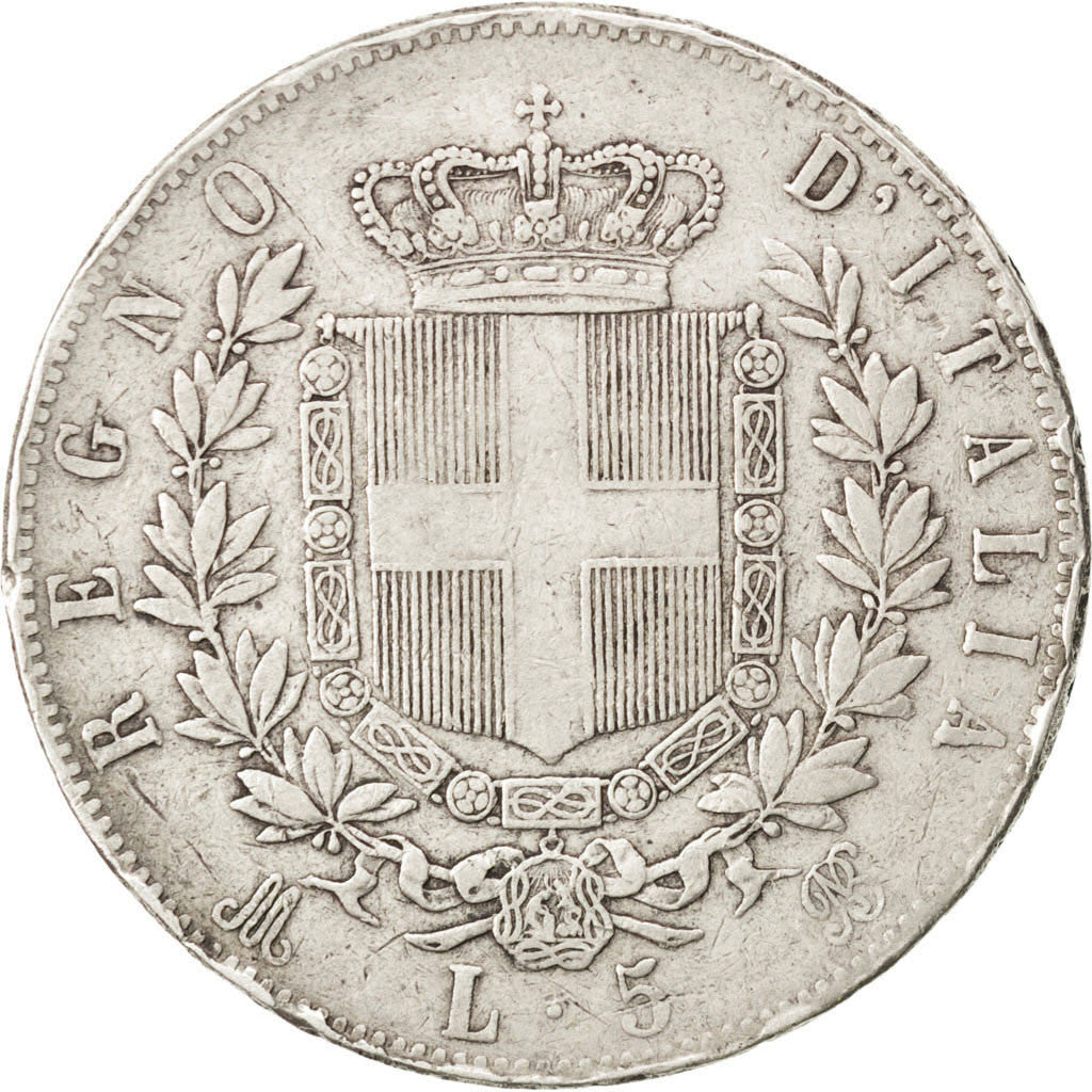 ITALY, 5 Lire, 1875, Milan, KM #8.3, VF(20-25), Silver, 24.77