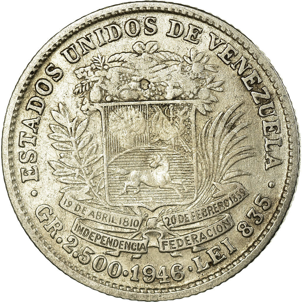 Münze, Venezuela, Gr 2.500, 1/2 Bolivar, 1946, SS, Silber, KM:21a