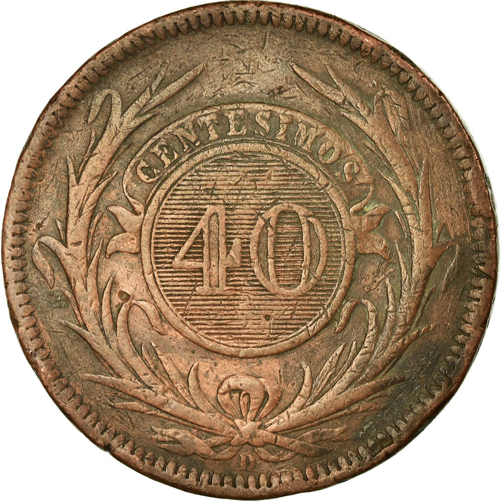 Coin, Uruguay, 40 Centesimos, 1857, Lyon, France, VF(30-35), Copper, KM:10