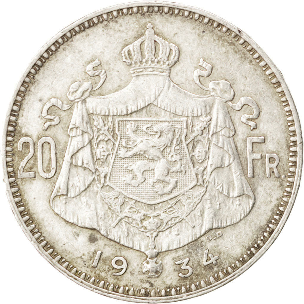 BELGIUM, 20 Francs, 20 Frank, 1934, KM #104.1, VF(30-35), Silver, 10.98