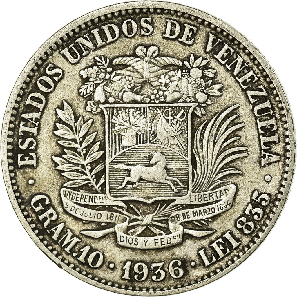 Moneta, Venezuela, Gram 10, 2 Bolivares, 1936, SPL-, Argento, KM:23