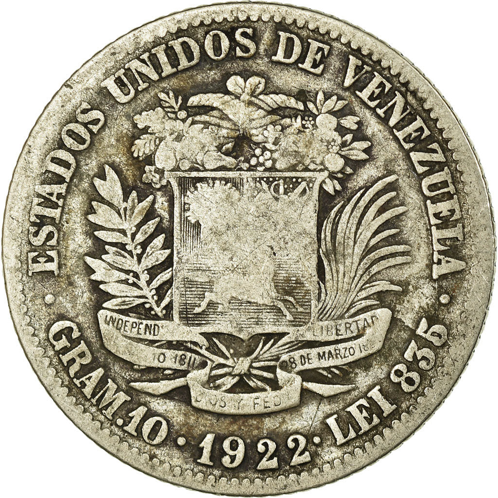 Coin, Venezuela, Gram 10, 2 Bolivares, 1922, VF(20-25), Silver, KM:23
