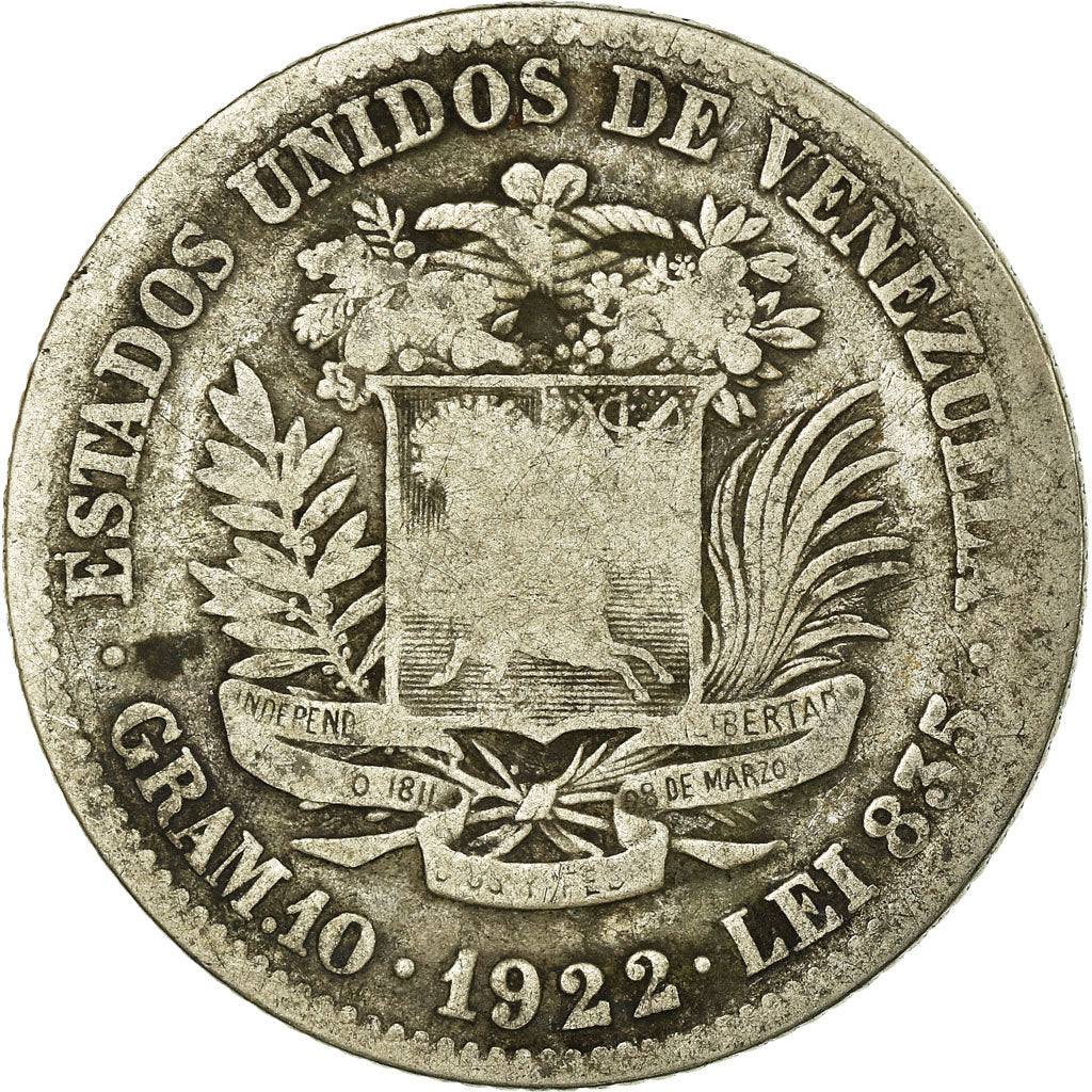 Coin, Venezuela, Gram 10, 2 Bolivares, 1922, VF(20-25), Silver, KM:23