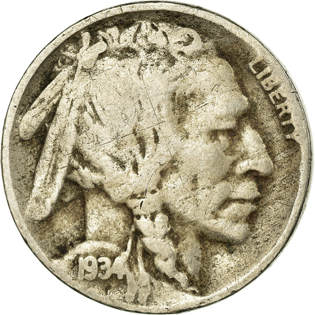 Coin, United States, Buffalo Nickel, 5 Cents, 1934, U.S. Mint, Denver