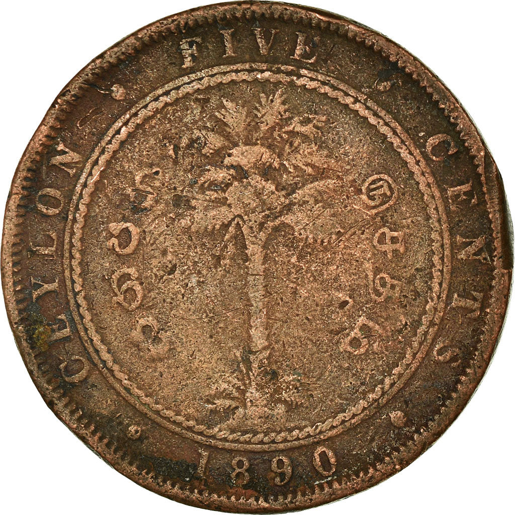 Monnaie, Ceylon, Victoria, 5 Cents, 1890, B+, Cuivre, KM:93