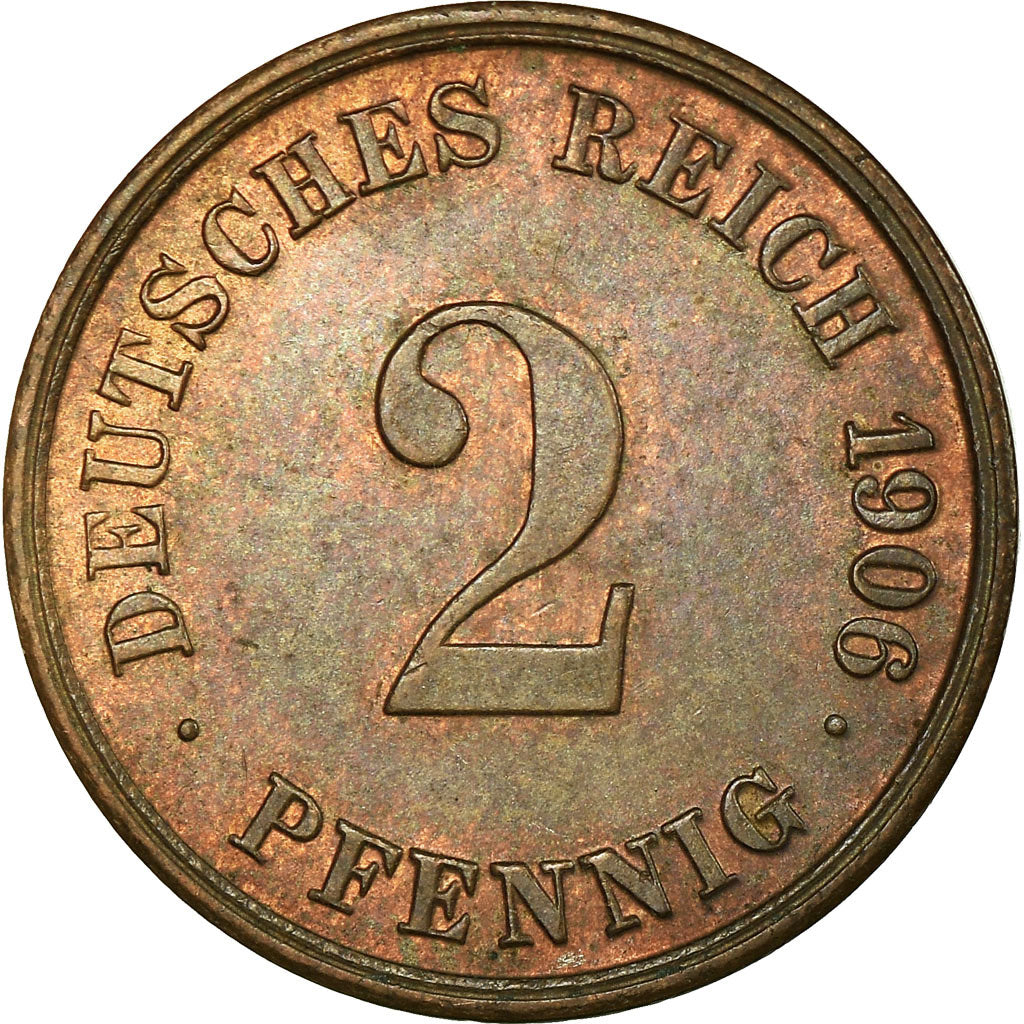Münze, GERMANY - EMPIRE, Wilhelm II, 2 Pfennig, 1906, Karlsruhe, SS+, Kupfer