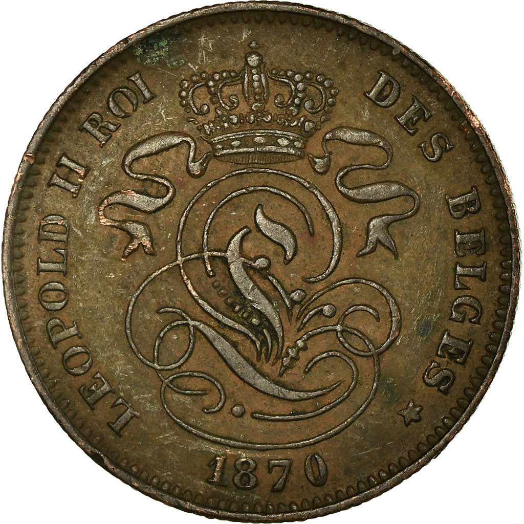 Moneta, Belgia, Leopold II, 2 Centimes, 1870, AU(55-58), Miedź, KM:35.1