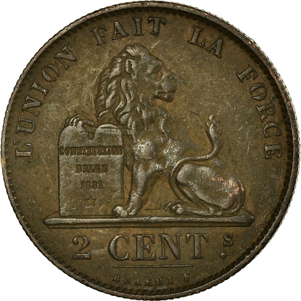 Moneta, Belgia, Leopold II, 2 Centimes, 1870, AU(55-58), Miedź, KM:35.1