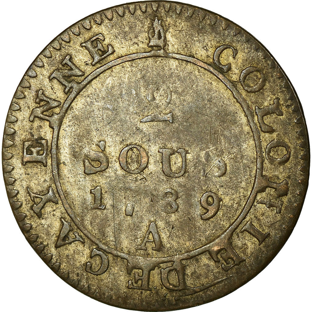 Coin, FRENCH GUIANA, 2 Sous, 1789, Paris, VF(30-35), Billon, KM:1, Lecompte:20