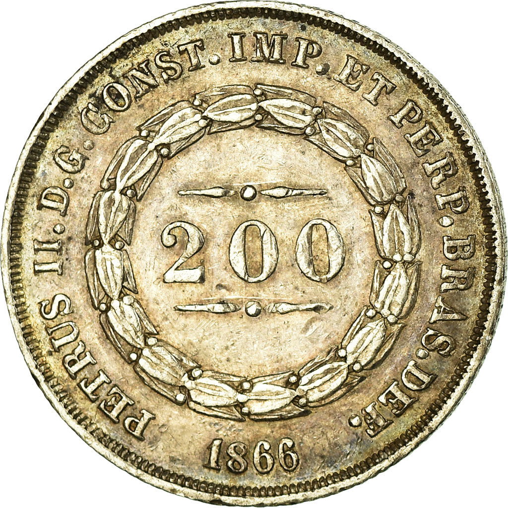 Coin, Brazil, Pedro II, 200 Reis, 1866, EF(40-45), Silver, KM:469