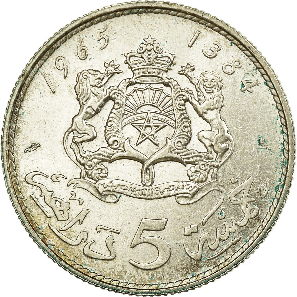 Coin, Morocco, al-Hassan II, 5 Dirhams, 1965/AH1384, Paris, AU(55-58), Silver