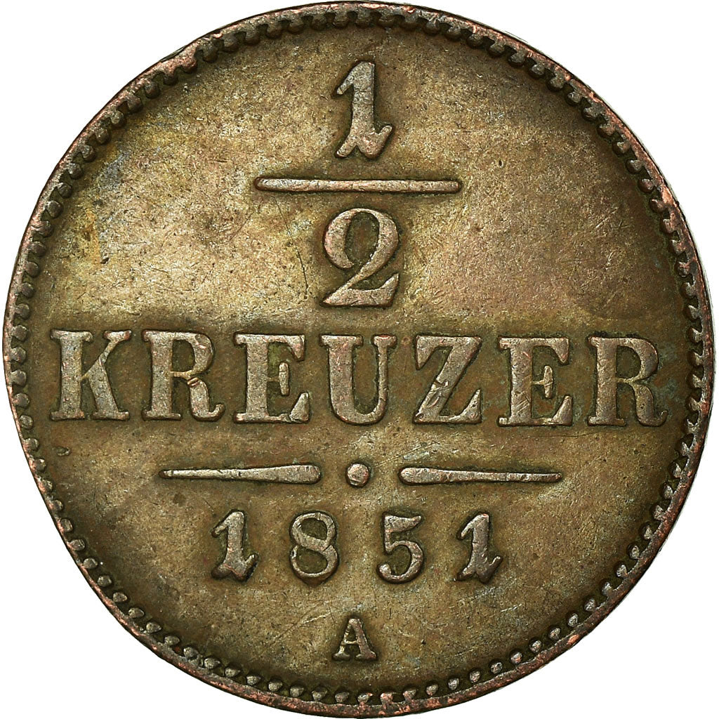 Coin, Austria, Franz Joseph I, 1/2 Kreuzer, 1851, EF(40-45), Copper, KM:2181