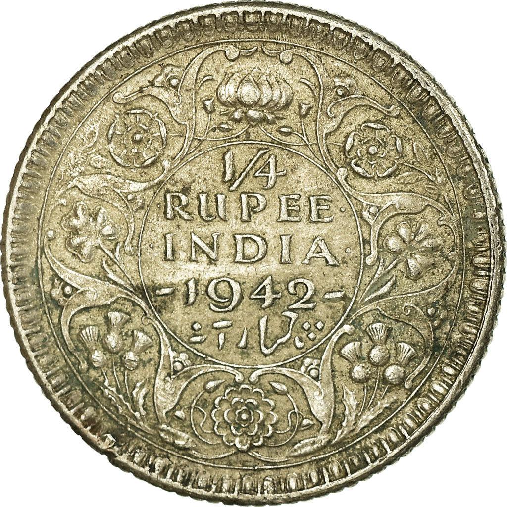 Coin, INDIA-BRITISH, George VI, 1/4 Rupee, 1942, EF(40-45), Silver, KM:546