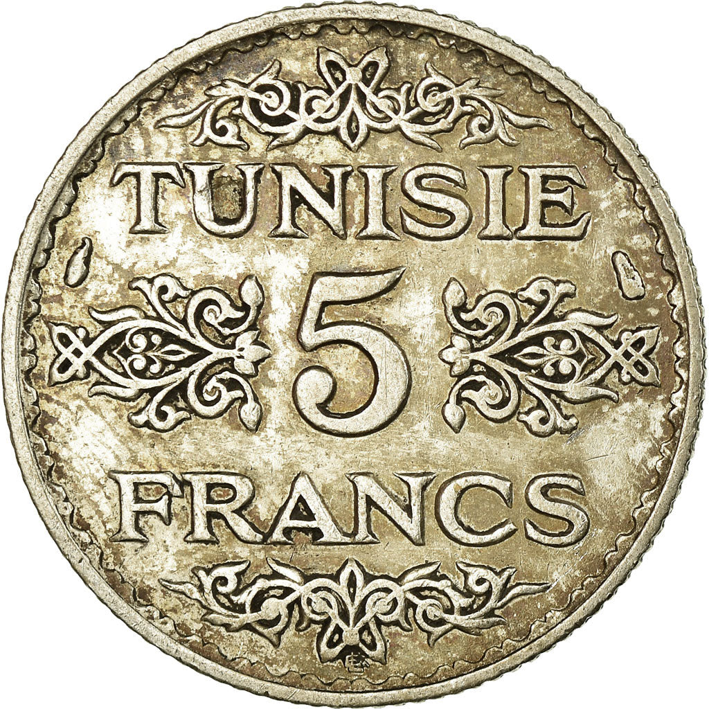 Coin, Tunisia, Ahmad Pasha Bey, 5 Francs, AH 1353/1934, Paris, AU(50-53)