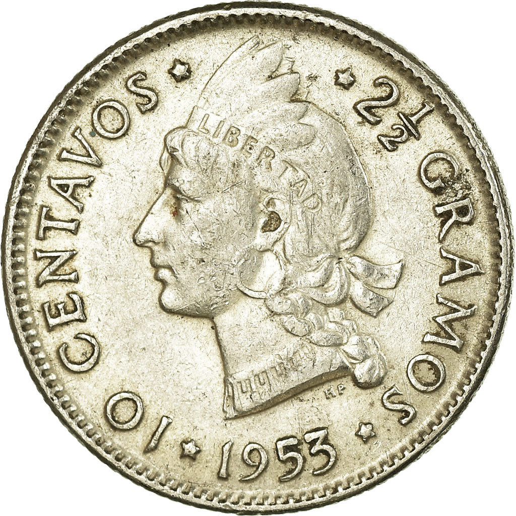 Coin, Dominican Republic, 10 Centavos, 1953, EF(40-45), Silver, KM:19