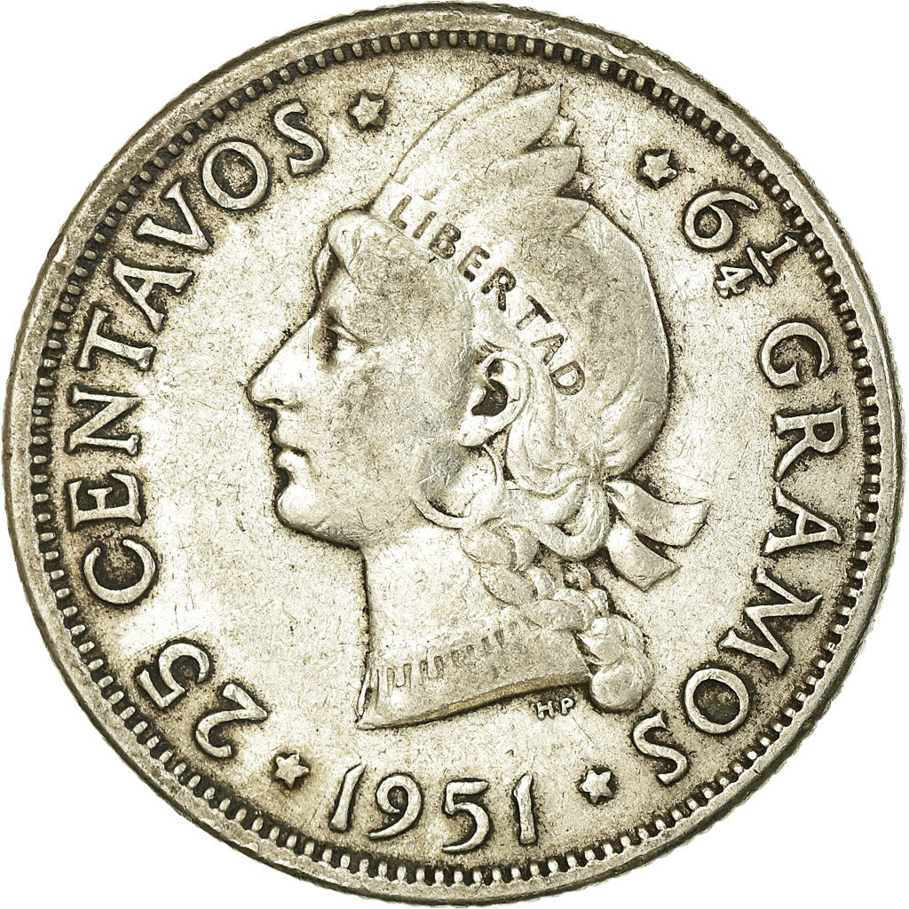Moneda, República Dominicana, 25 Centavos, 1951, MBC, Plata, KM:20