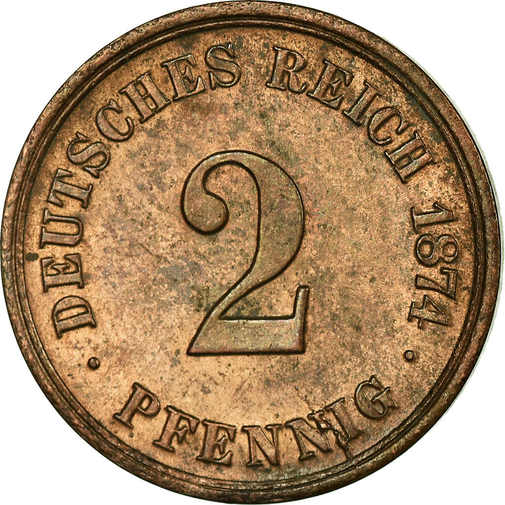 Coin, GERMANY - EMPIRE, Wilhelm I, 2 Pfennig, 1874, Berlin, AU(50-53), Copper