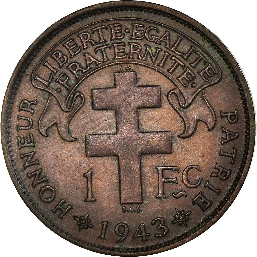 Moneda, África ecuatorial francesa, Franc, 1943, Pretoria, MBC+, Bronce, KM:2a