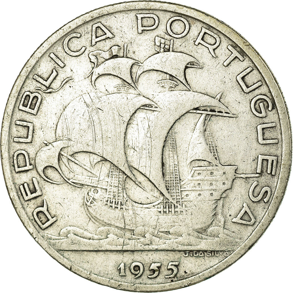 Coin, Portugal, 10 Escudos, 1955, VF(30-35), Silver, KM:586