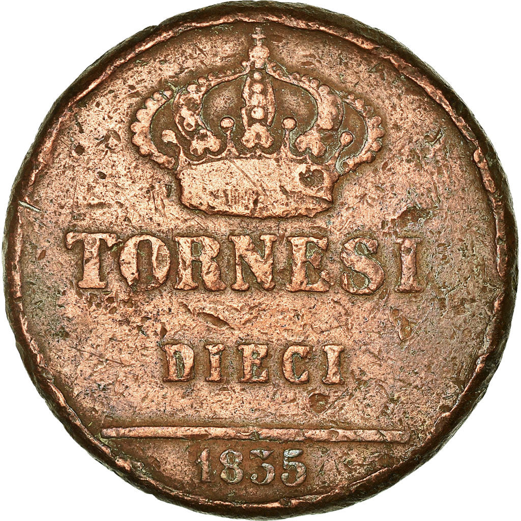 Coin, ITALIAN STATES, NAPLES, Ferdinando II, 10 Tornesi, 1835, F(12-15), Copper