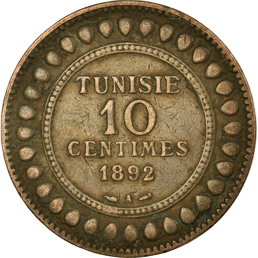 Coin, Tunisia, Ali Bey, 10 Centimes, 1892, Paris, EF(40-45), Bronze, KM:222