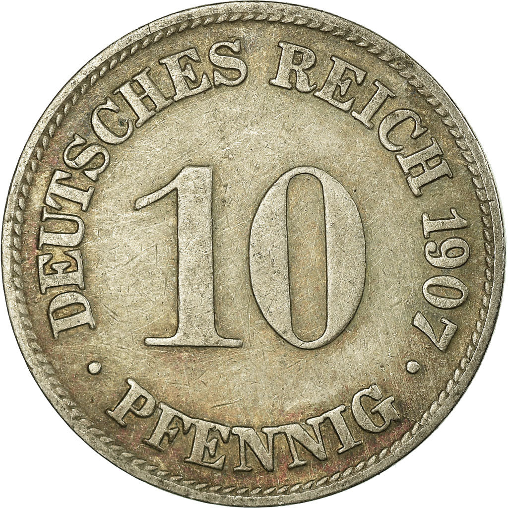 Moneda, ALEMANIA - IMPERIO, Wilhelm II, 10 Pfennig, 1907, Munich, MBC, Cobre -