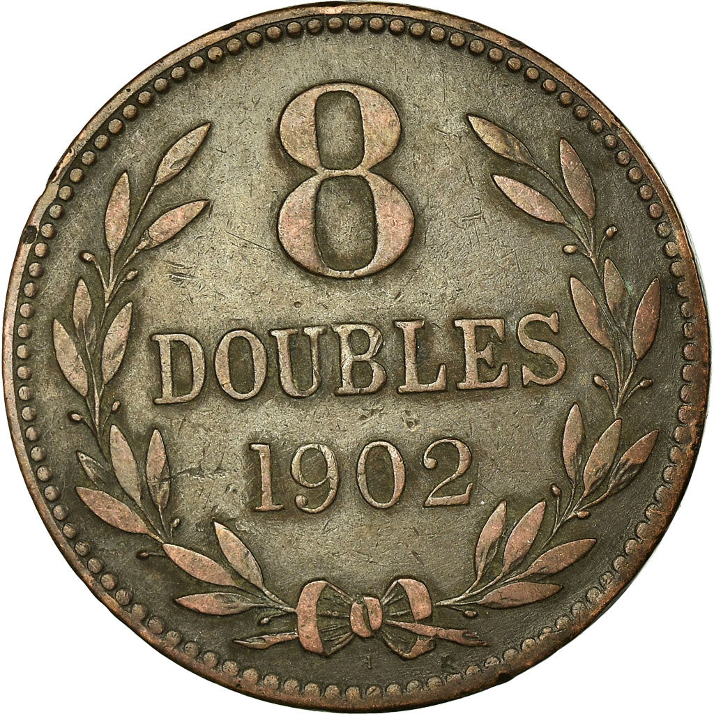 Coin, Guernsey, 8 Doubles, 1902, Heaton, Birmingham, EF(40-45), Bronze, KM:7