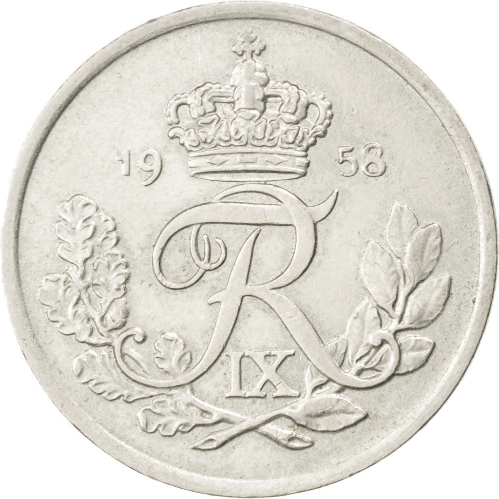 DENMARK, 25 Ore, 1958, Copenhagen, KM #842.2, AU(55-58), Copper-Nickel, 23, 4.53
