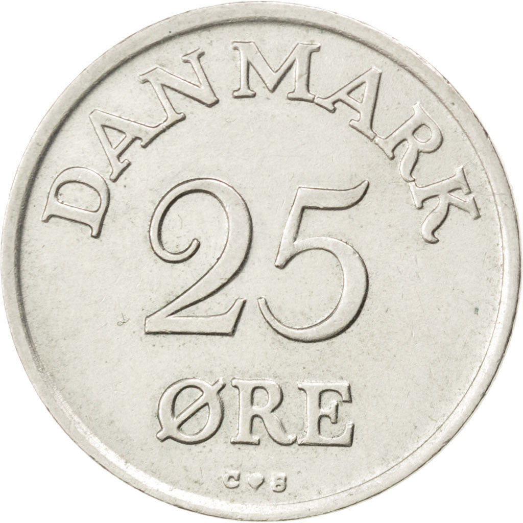 DENMARK, 25 Ore, 1958, Copenhagen, KM #842.2, AU(55-58), Copper-Nickel, 23, 4.53
