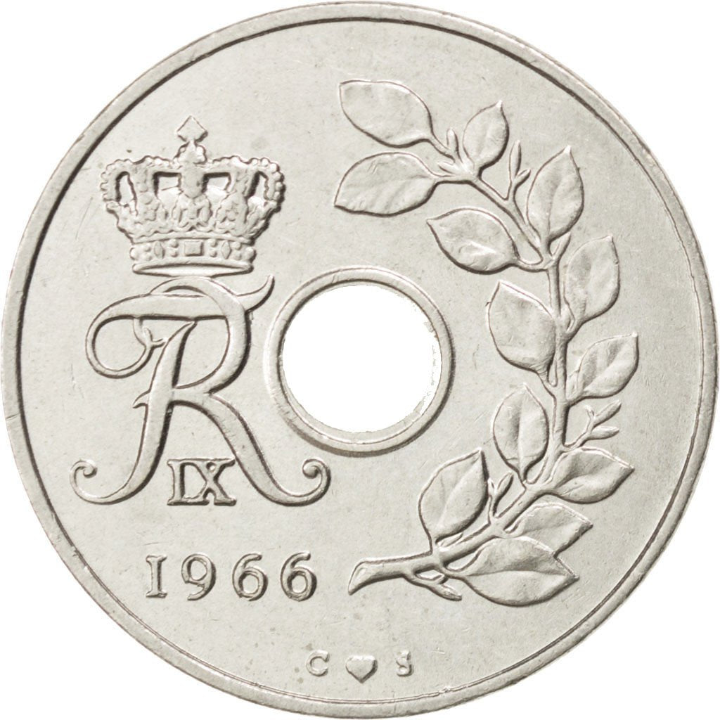 DENMARK, 25 Ore, 1966, Copenhagen, KM #855.1, AU(55-58), Copper-Nickel, 23, 4.31