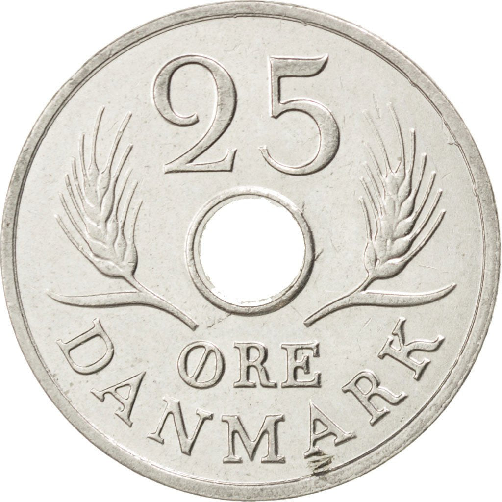 DENMARK, 25 Ore, 1966, Copenhagen, KM #855.1, AU(55-58), Copper-Nickel, 23, 4.31