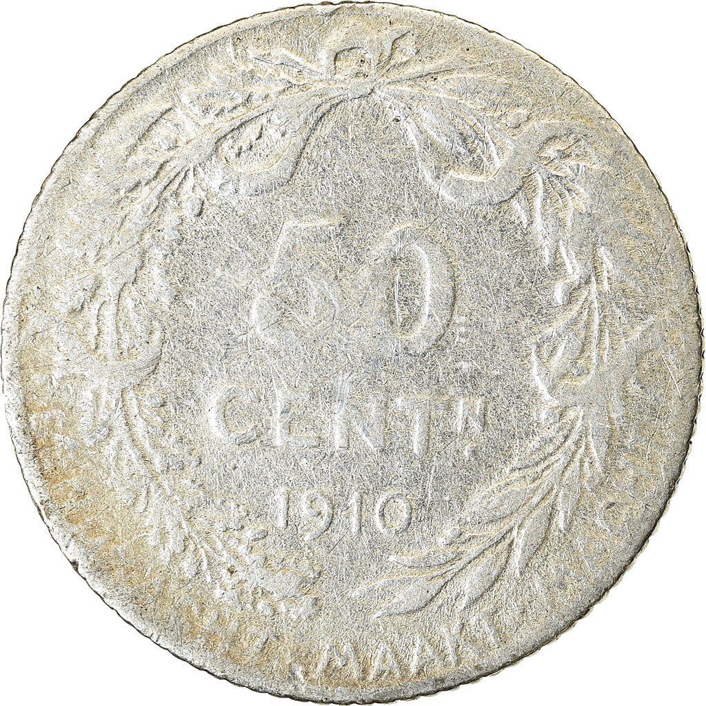 Moneda, Bélgica, 50 Centimes, 1910, BC+, Plata, KM:71