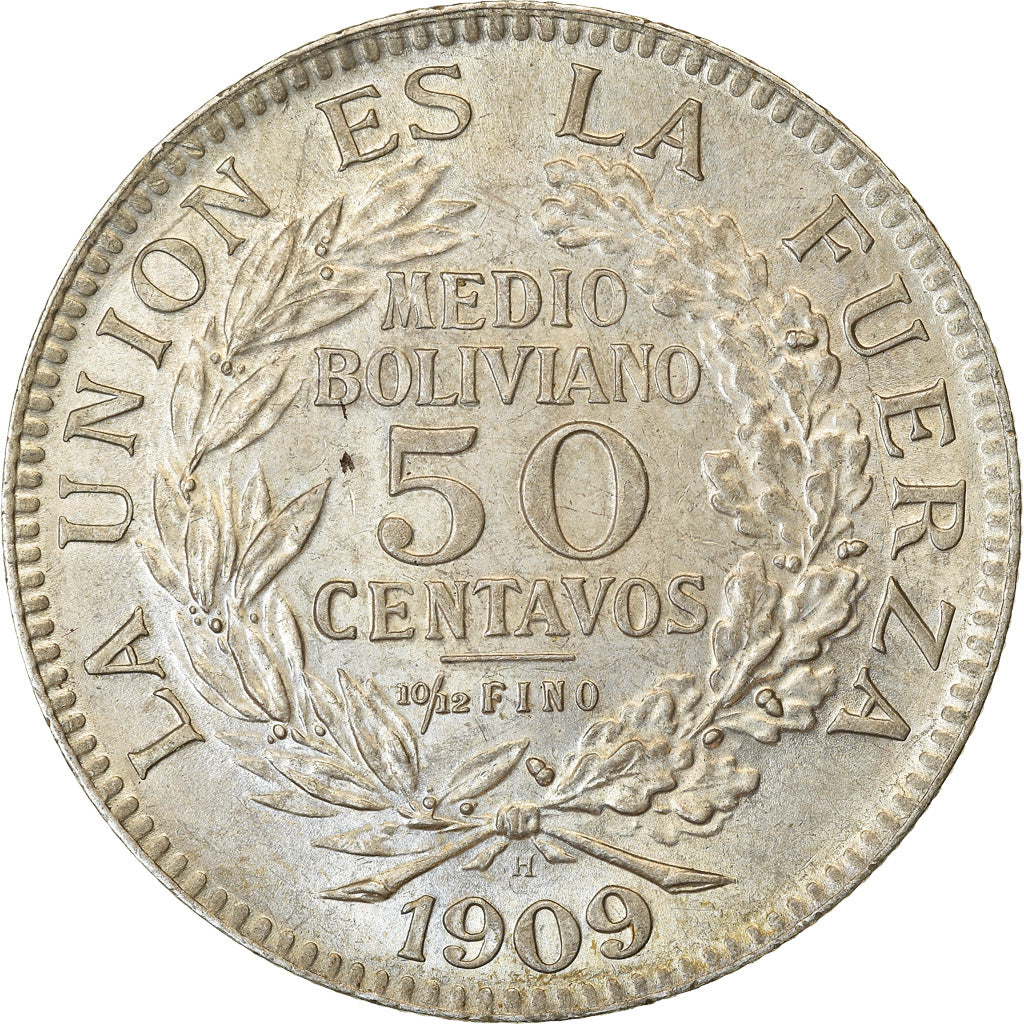 Moneda, Bolivia, 50 Centavos, 1/2 Boliviano, 1909, Heaton, MBC, Plata, KM:177