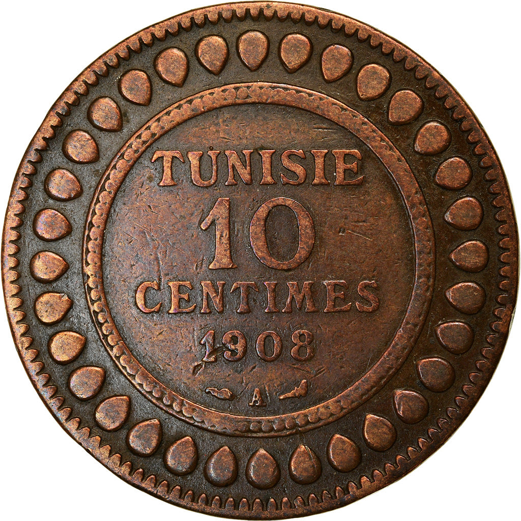 Coin, Tunisia, Muhammad al-Nasir Bey, 10 Centimes, 1908, Paris, EF(40-45)
