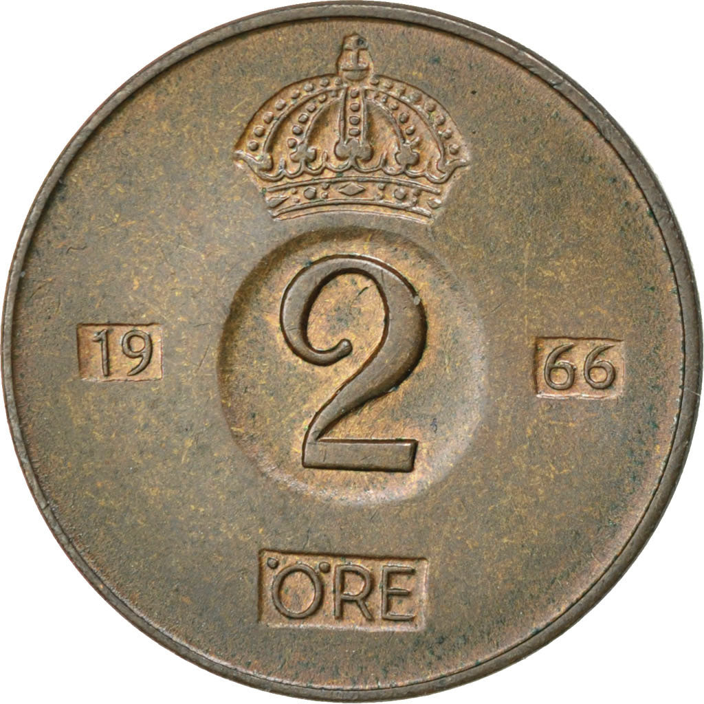 SWEDEN, 2 Ore, 1966, KM #821, AU(50-53), Bronze, 21, 4.00
