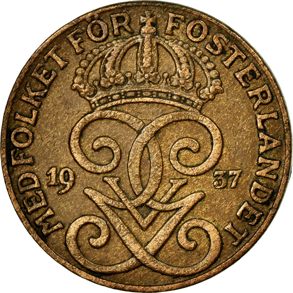 Coin, Sweden, Gustaf V, 2 Öre, 1937, AU(50-53), Bronze, KM:778