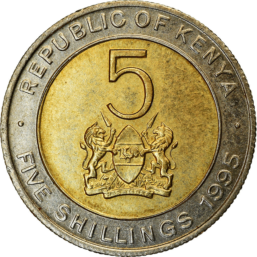 Coin, Kenya, 5 Shillings, 1995, British Royal Mint, EF(40-45), Bi-Metallic