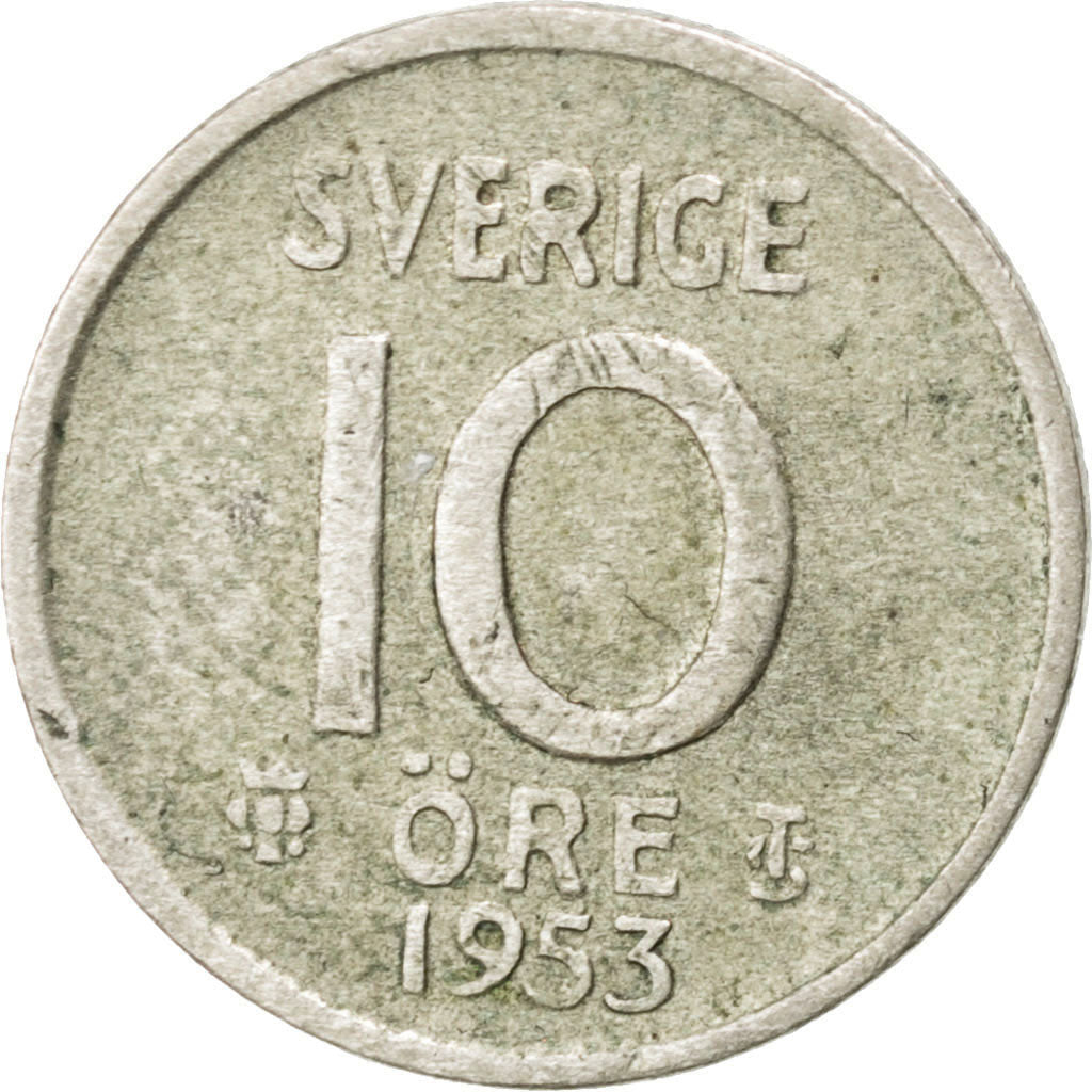 SWEDEN, 10 Ore, 1953, KM #823, EF(40-45), Silver, 15, 1.42