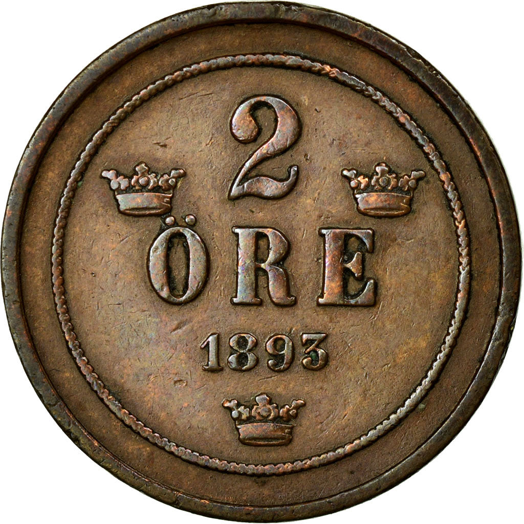 Moneta, Svezia, Oscar II, 2 Öre, 1893, BB, Bronzo, KM:746