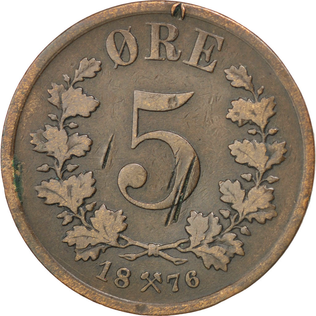 NORWAY, 5 Ore, 1876, KM #349, VF(30-35), Bronze, 27, 7.91